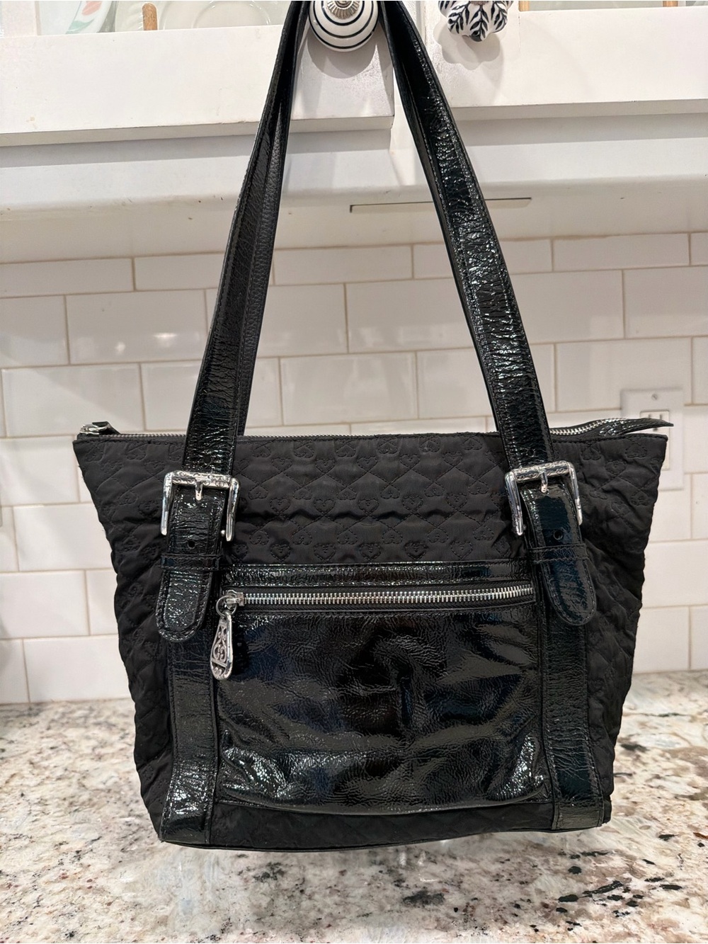 Brighton Black Quilted Shoulder Tote with Patent Trim